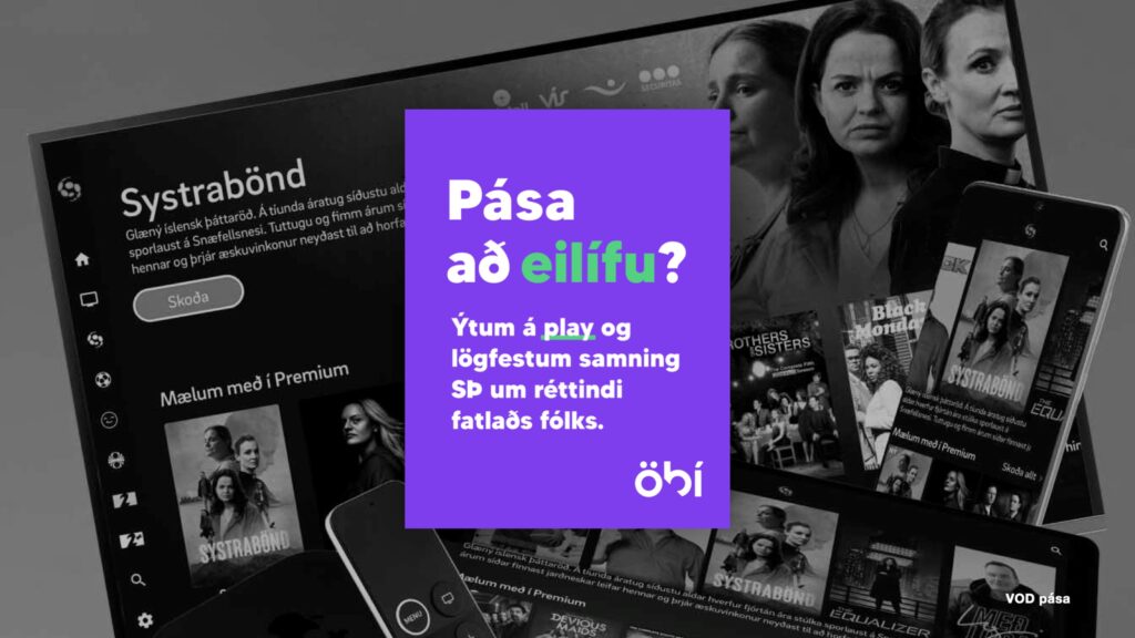 Auglýsingaspjald:Pása að eilífu? - ýtum á play og lögfestum Samning Sameinuðu þjóðanna um réttindi fatlaðs fólks
