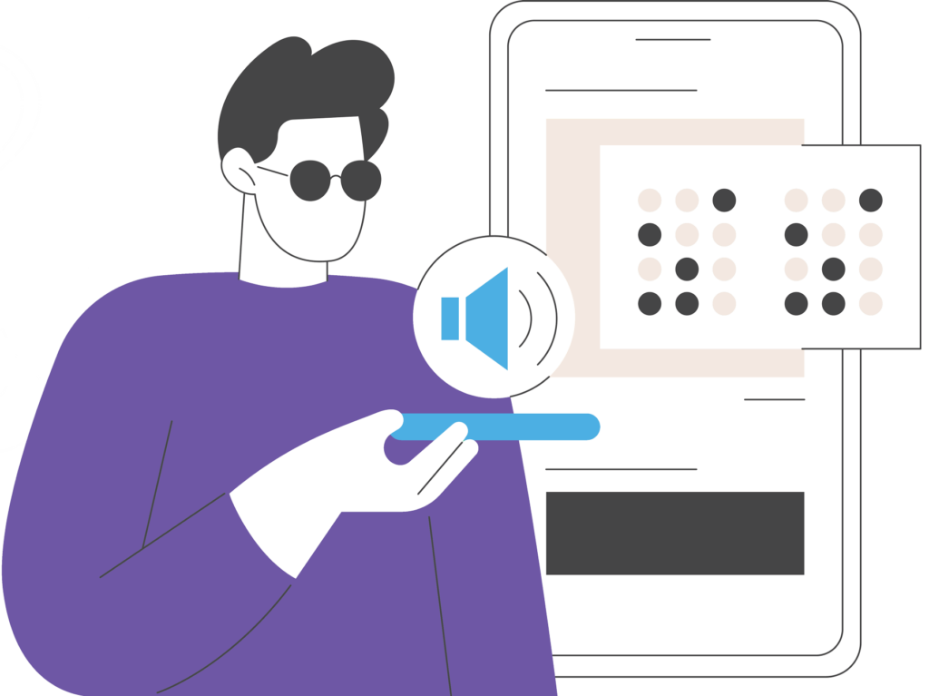 Manneskja með sólgleraugu heldur á snjalltæki með hljóðtákni, við hliðina á skjá með texta í blindraletri, sem táknar aðgengistækni fyrir sjónskerta